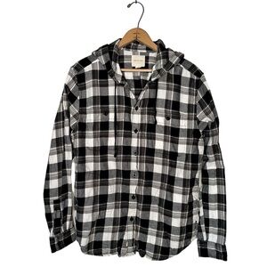 American Eagle Men’s Black and White Plaid Button Down Hoodie Flannel Size Large